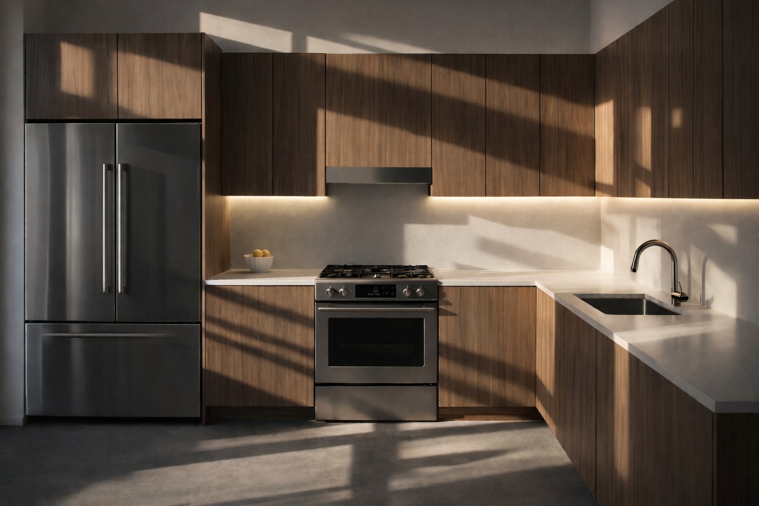 Lincoln oak kitchen cabinets with tall pantry run and island seating