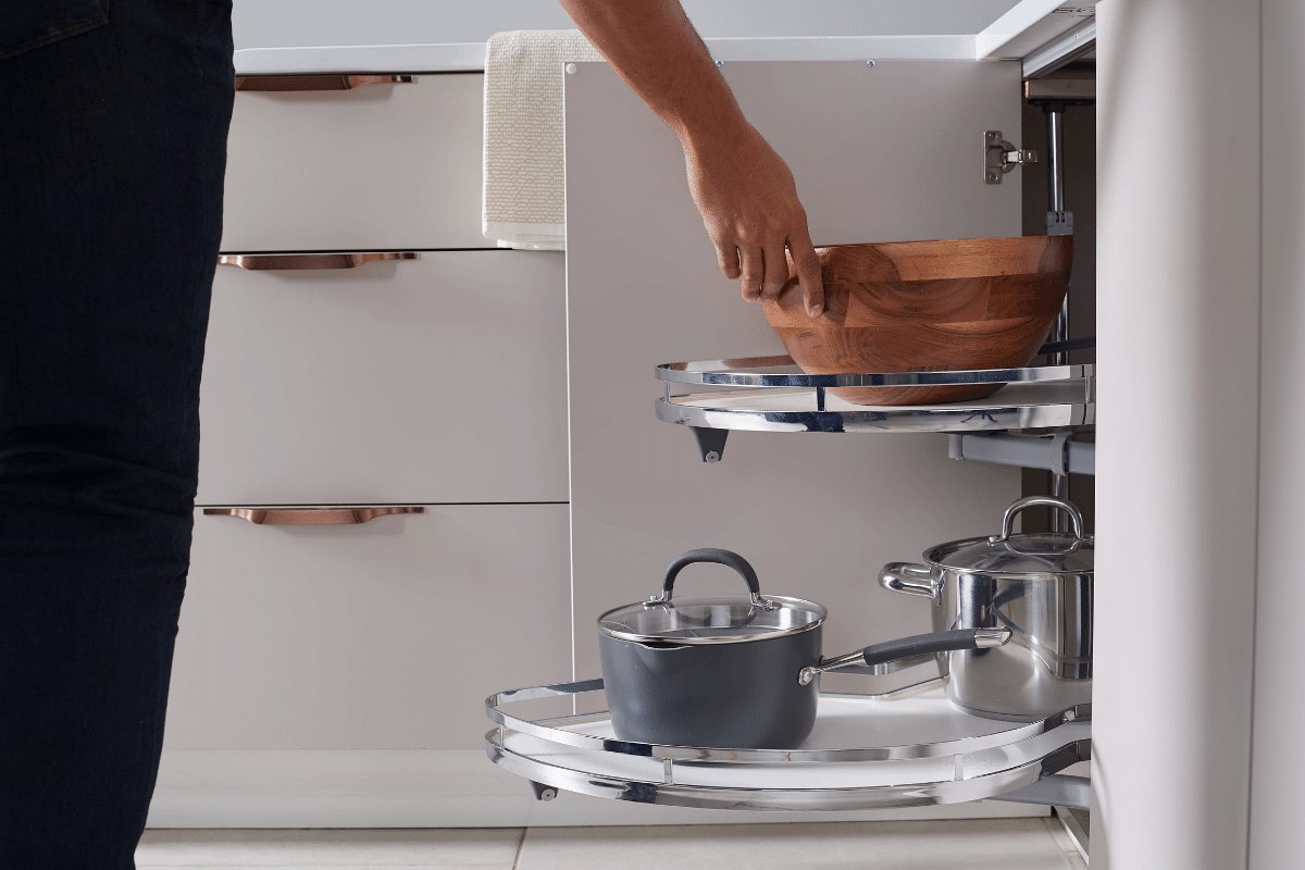 Soft-close drawer with plywood box and roll-out cookware storage