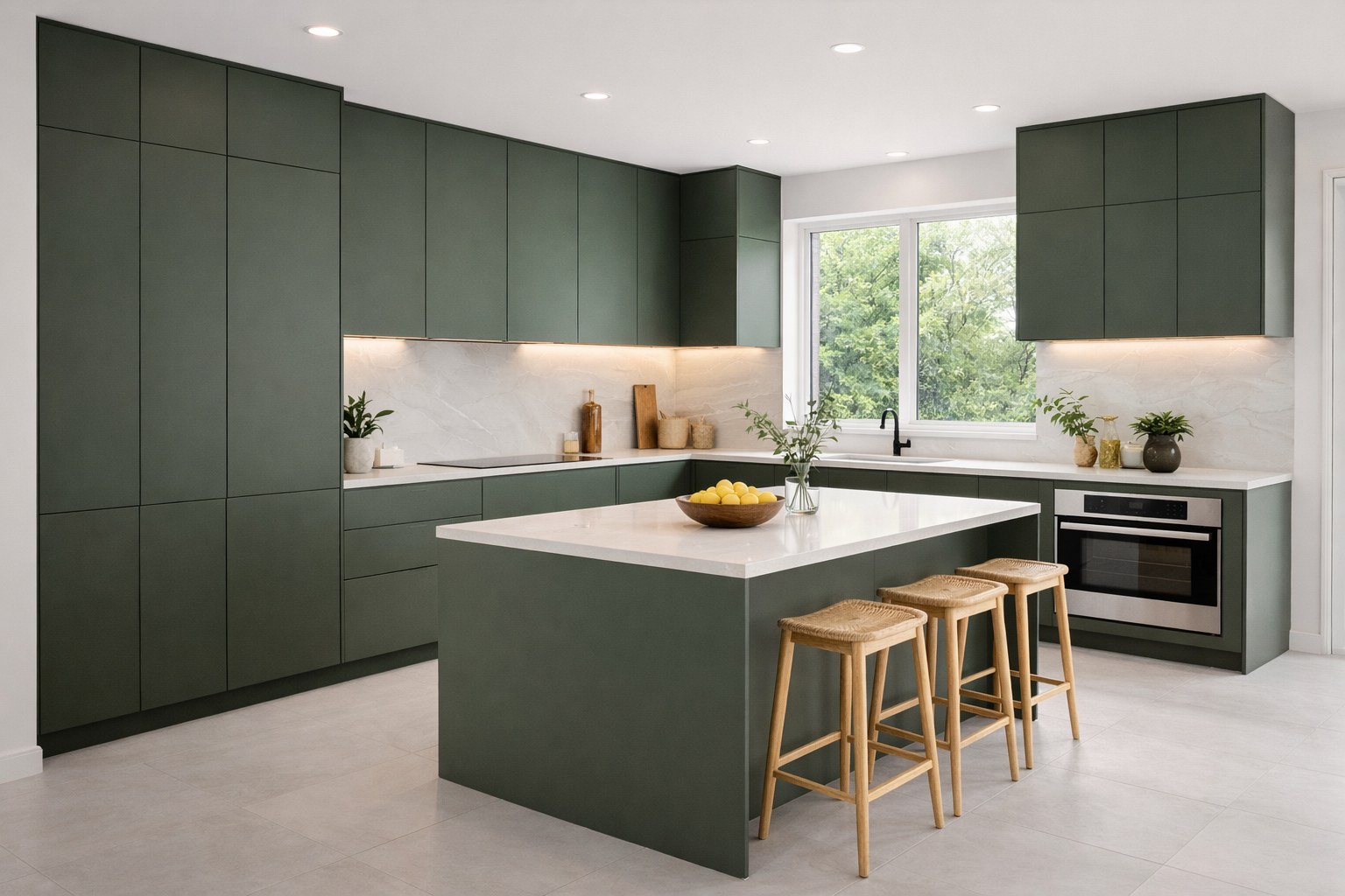 Forest green slab kitchen cabinets with wood accents and integrated handles