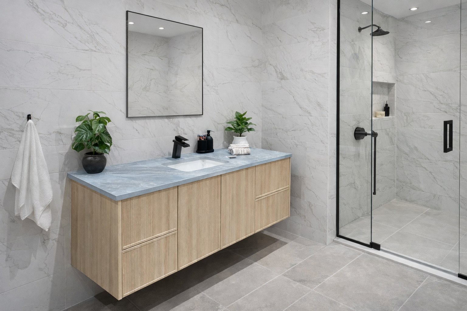 Modern floating bathroom vanity with woodgrain drawers and vessel sink