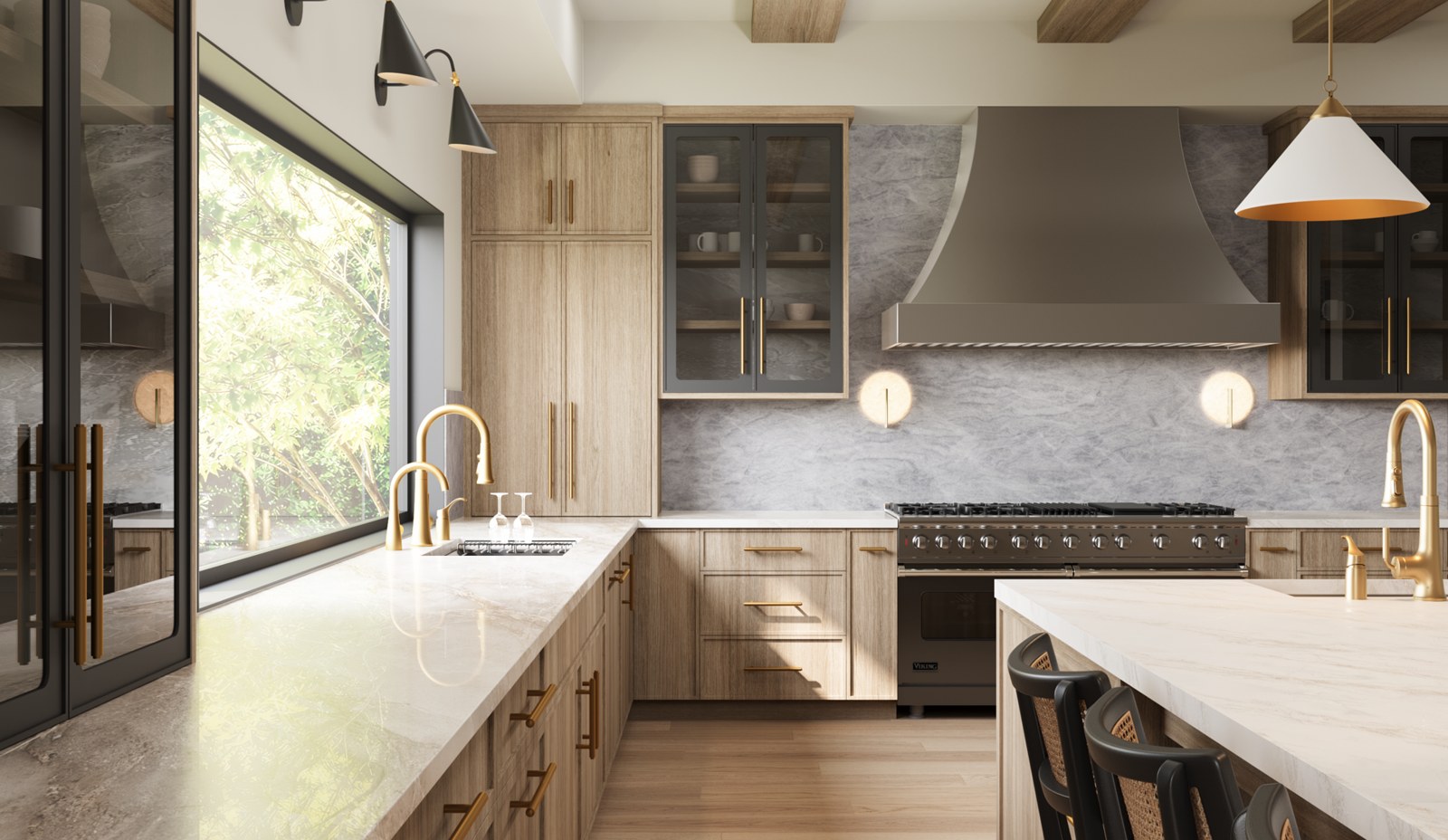 Moda slim shaker woodgrain kitchen cabinets in a modern open kitchen